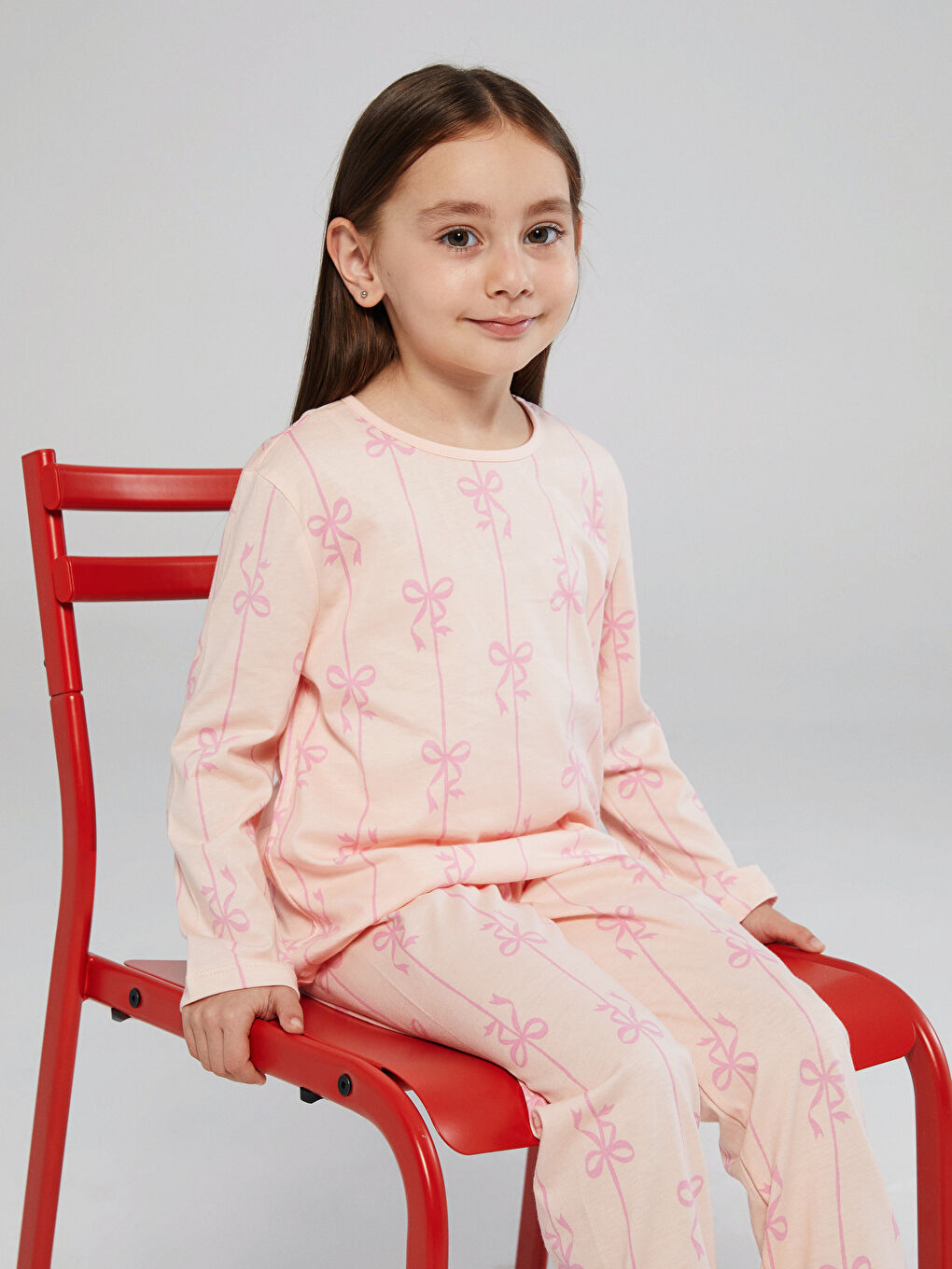 Pembe Bisiklet Yaka Fiyonk Baskılı Kız Çocuk Pijama Takımı-1