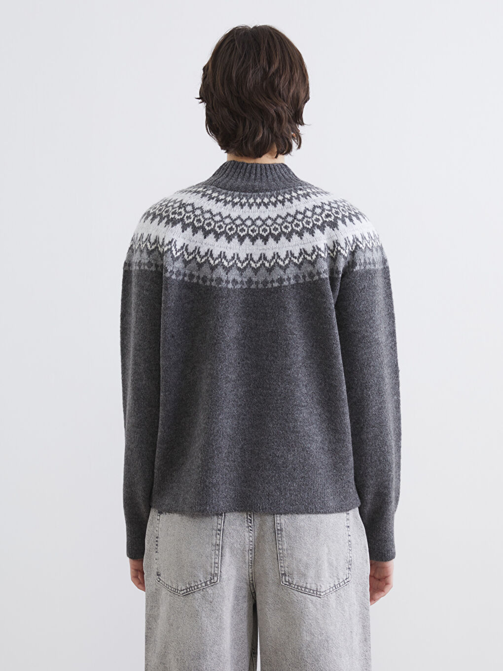 Gri Yarım Balıkçı Yaka Desenli Kadın Triko Kazak	-3