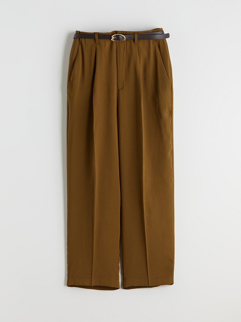 Kahverengi Beli Kemerli Loose Fit Kadın Pileli Pantolon-4