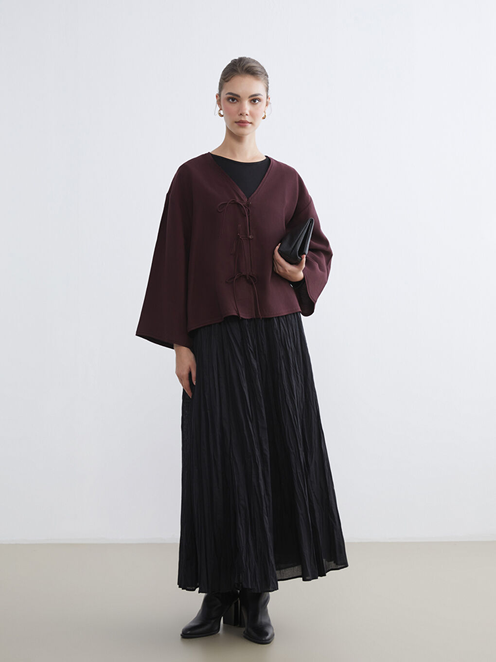 Mürdüm V Yaka Oversize Kadın Kimono-1