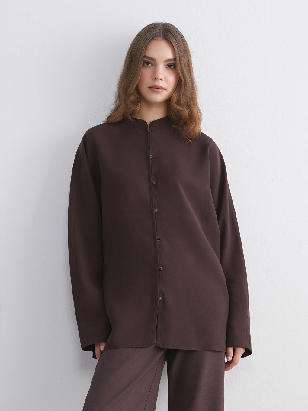 Kahverengi Oversize Kadın Gömlek Tunik