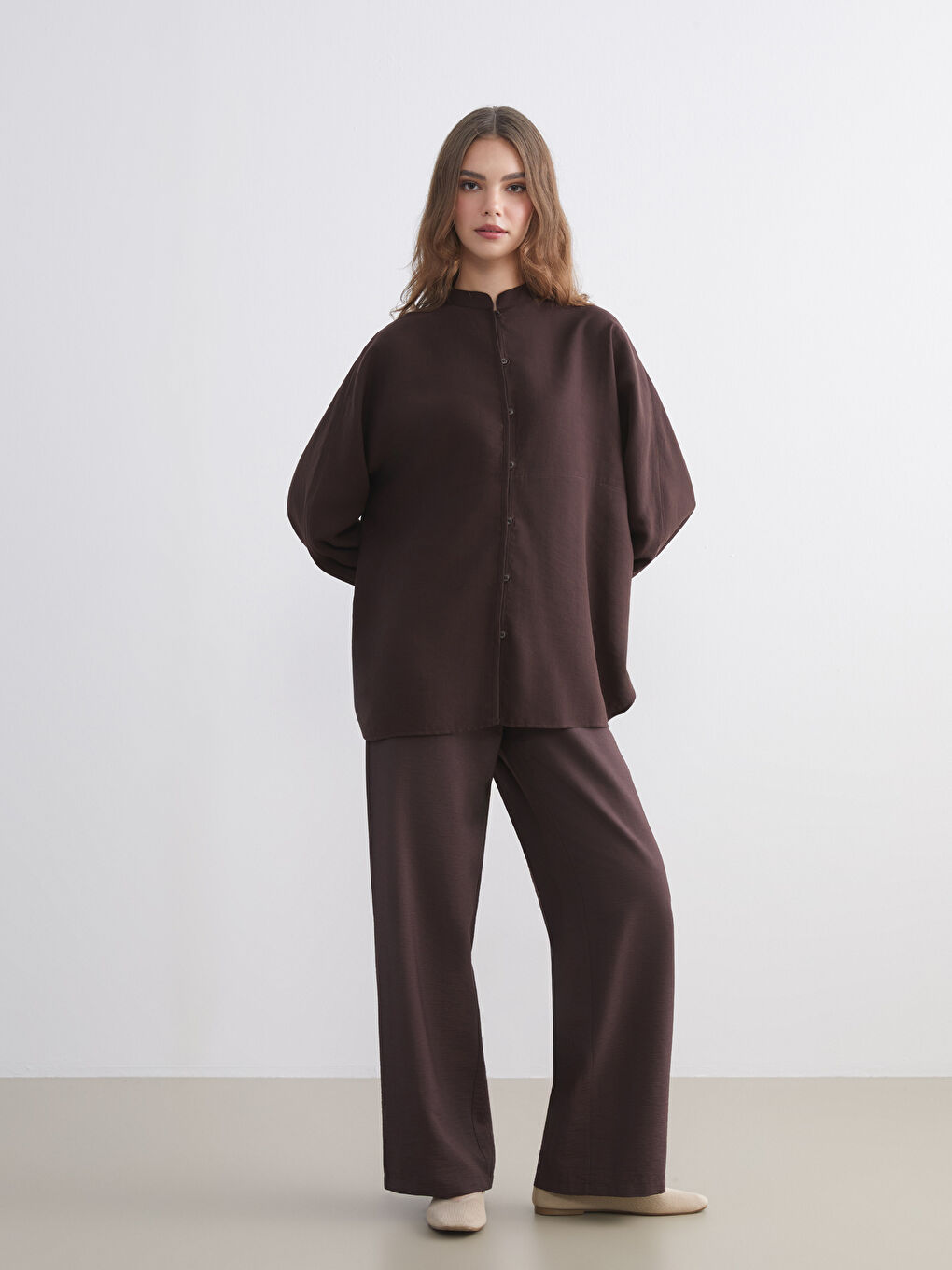 Kahverengi Oversize Kadın Gömlek Tunik-1