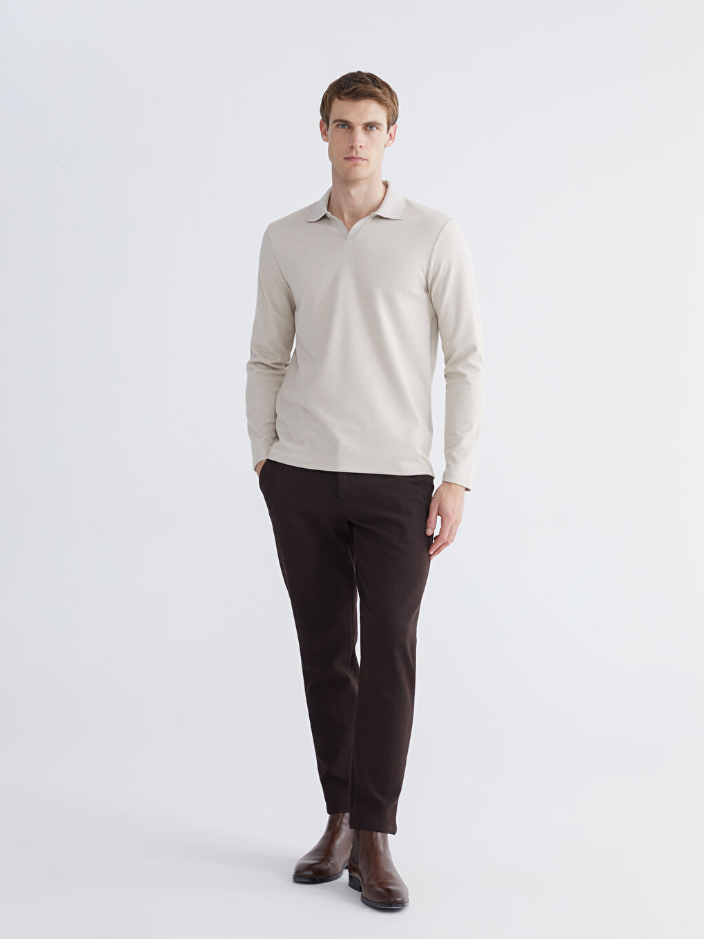 Bej Polo Yaka Erkek Sweatshirt-1