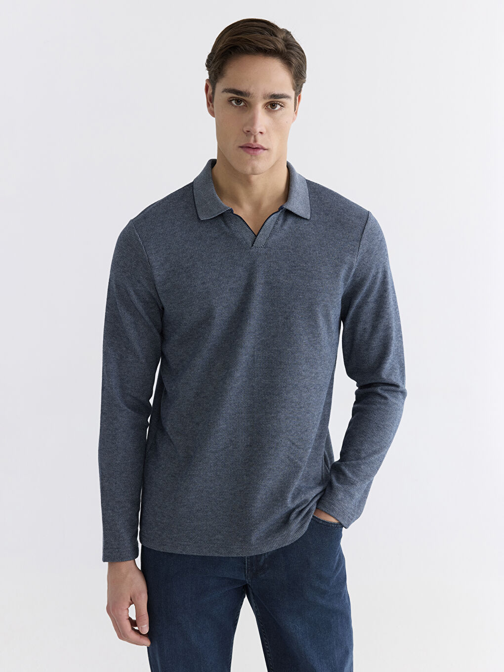 Lacivert Polo Yaka Erkek Sweatshirt