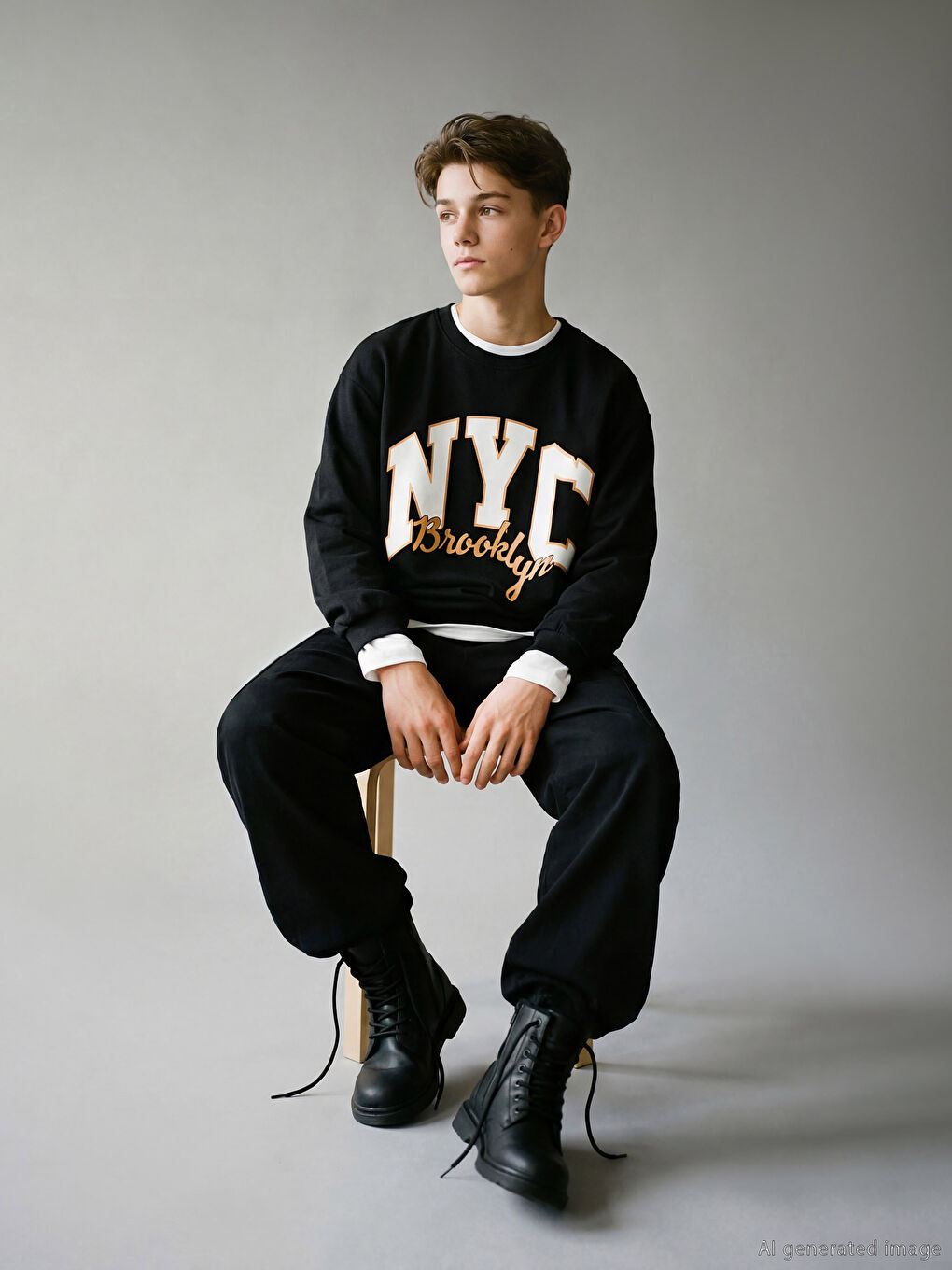 Siyah Bisiklet Yaka Erkek Çocuk Sweatshirt