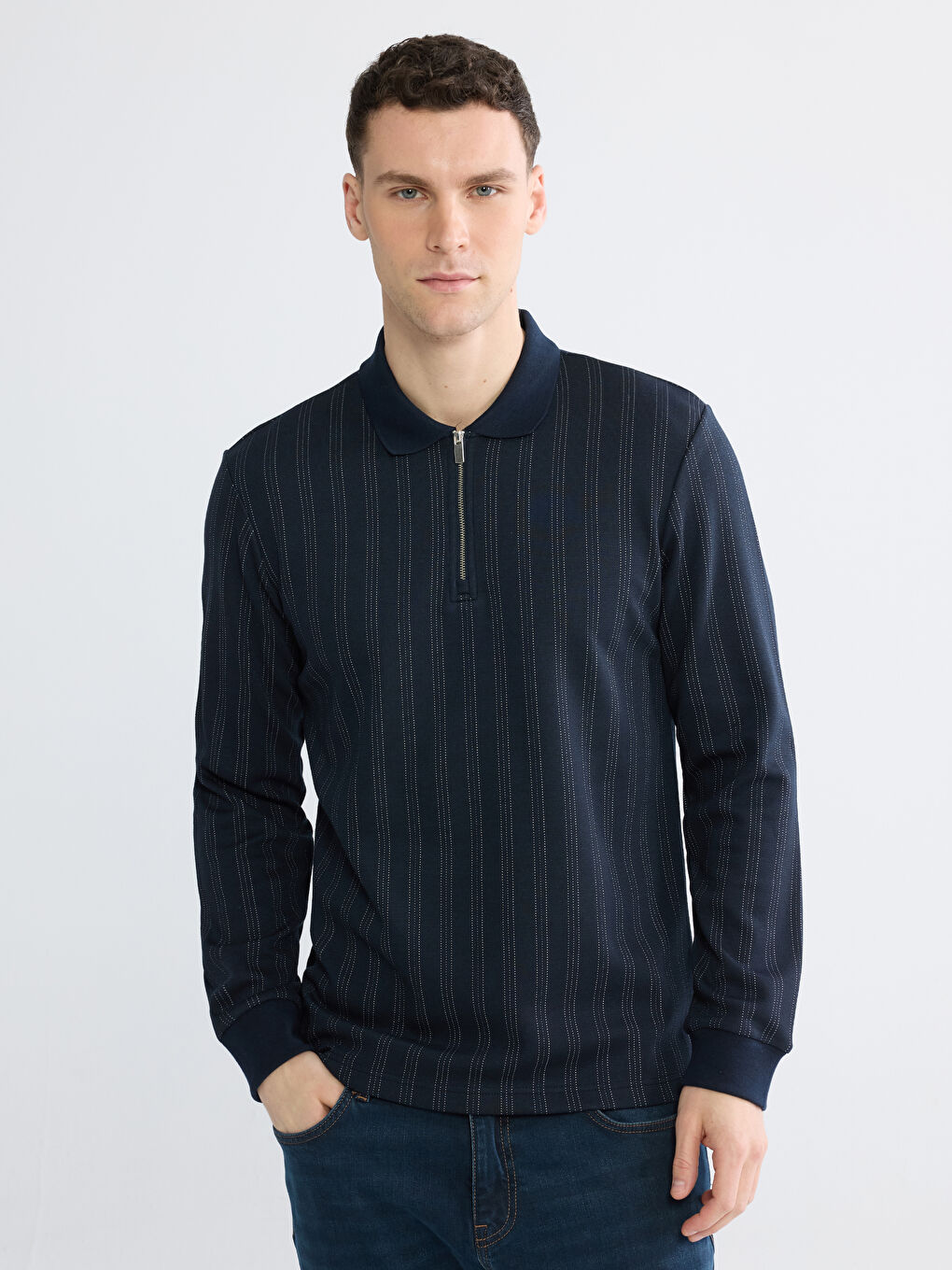 Striped Polo Collar Men's Sweatshirt