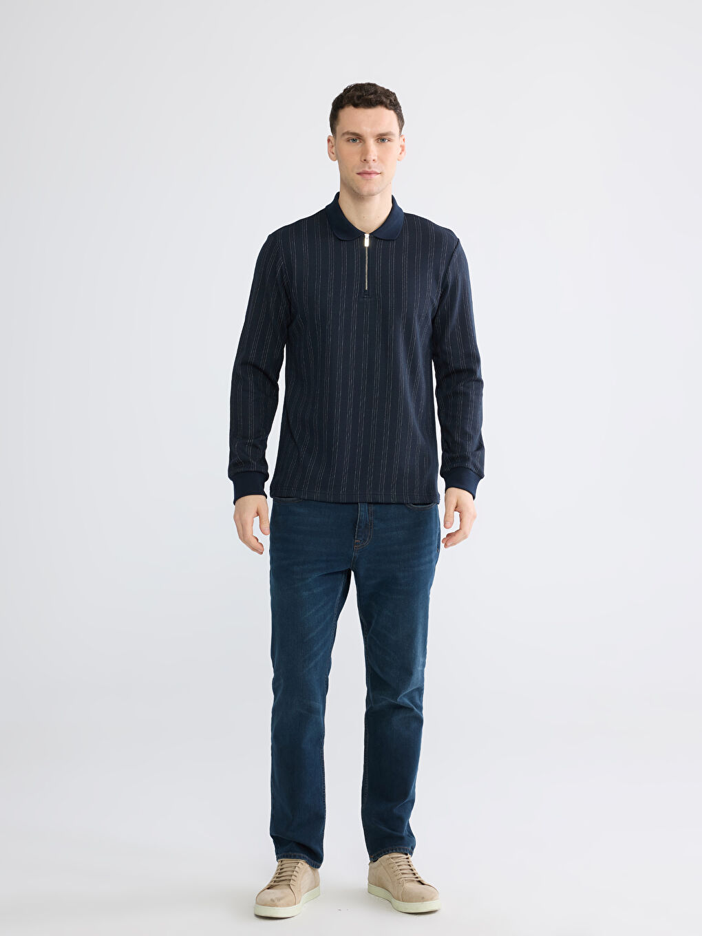 Striped Polo Collar Men's Sweatshirt-1