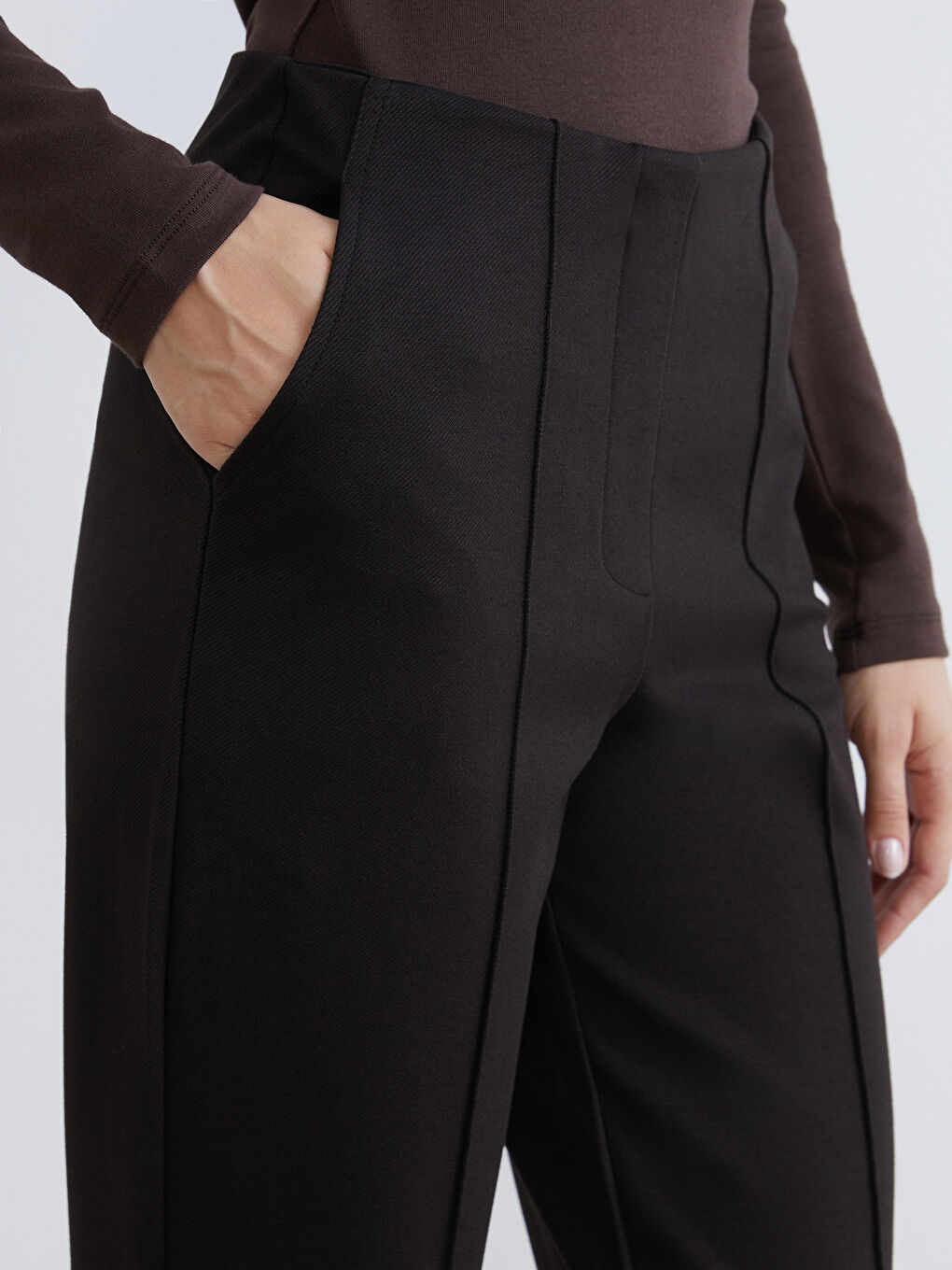 Kahverengi Beli Lastikli Kadın Cigarette Pantolon-2