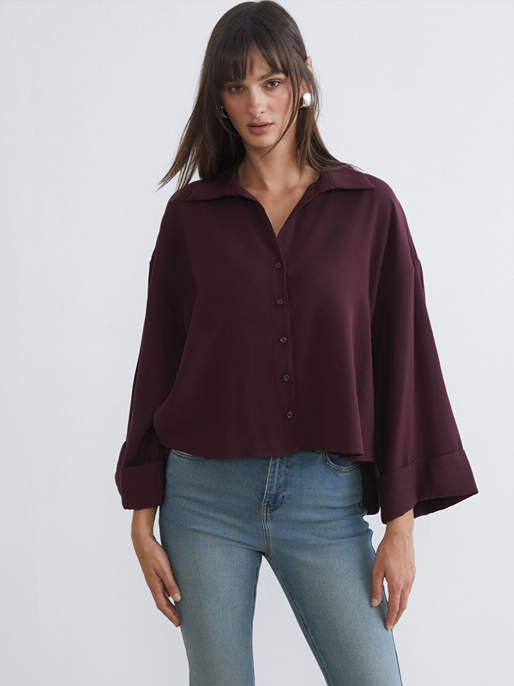 Mürdüm Oversize Kadın Gömlek-1