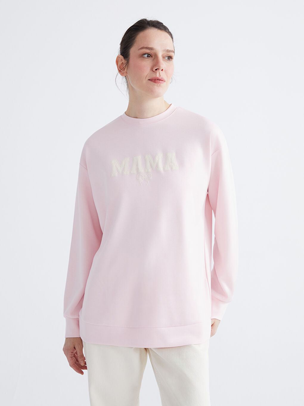 Pembe Bisiklet Yaka Baskılı Kadın Sweatshirt