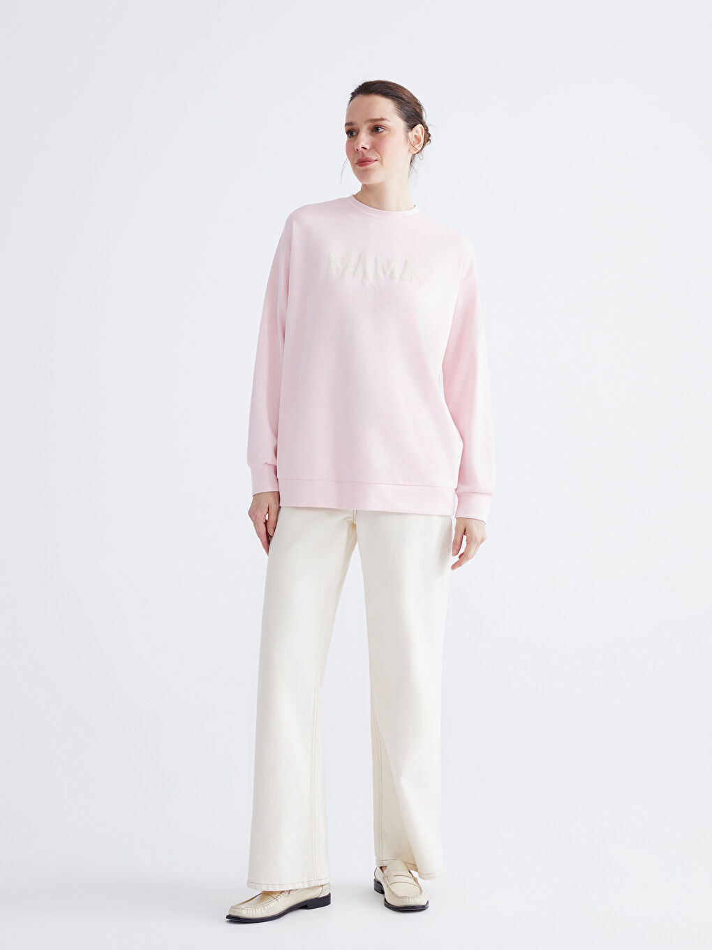 Pembe Bisiklet Yaka Baskılı Kadın Sweatshirt-1