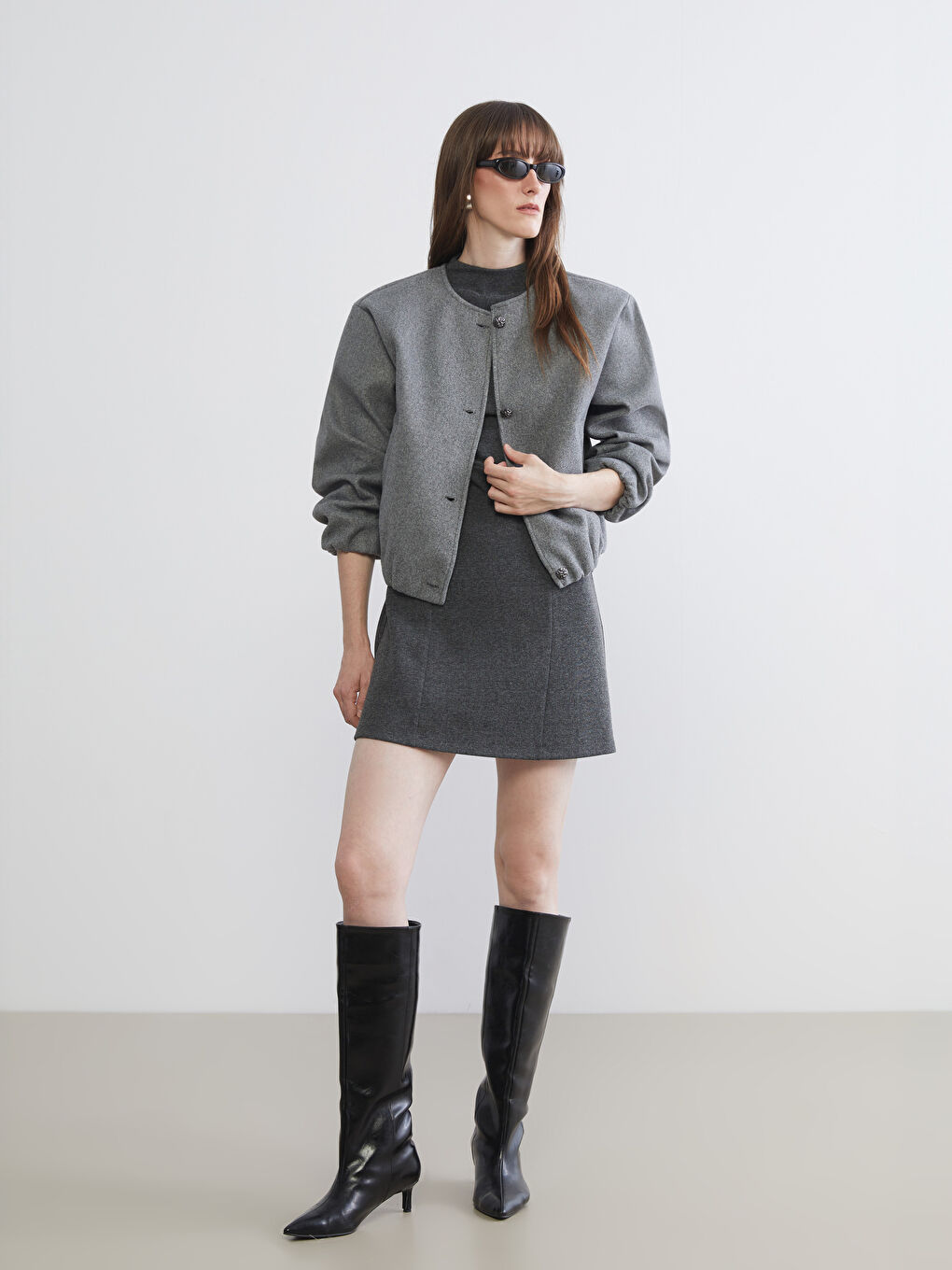 Gri Bisiklet Yaka Kadın Bomber Kaşe Ceket-4