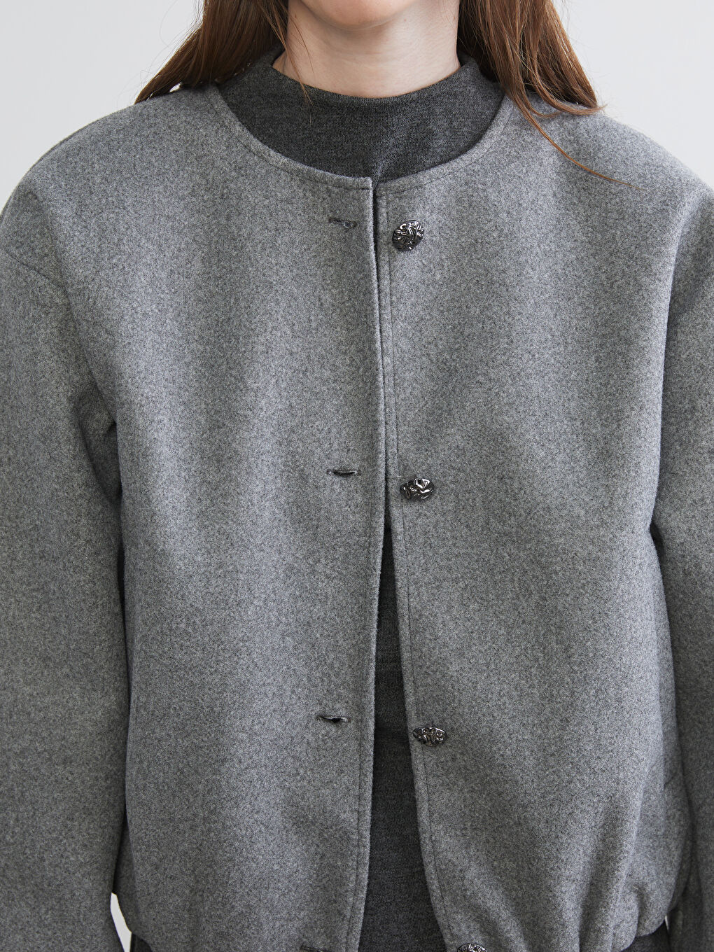 Gri Bisiklet Yaka Kadın Bomber Kaşe Ceket-6