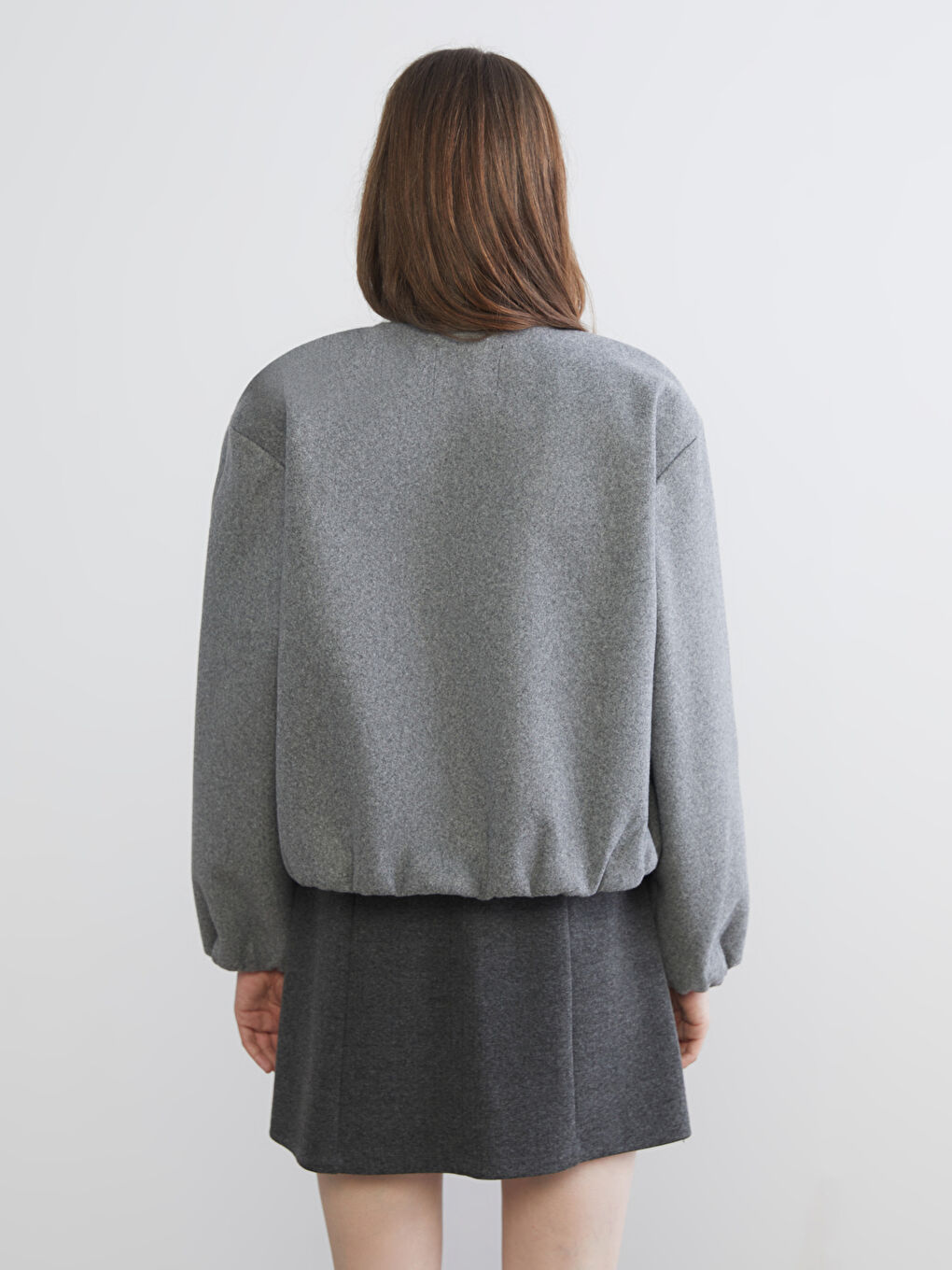 Gri Bisiklet Yaka Kadın Bomber Kaşe Ceket-10