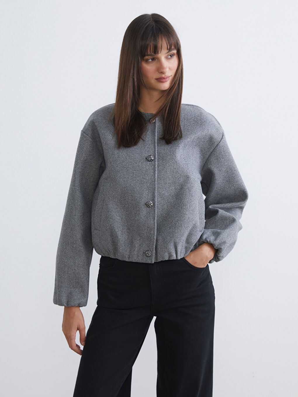 Gri Bisiklet Yaka Kadın Bomber Kaşe Ceket-1