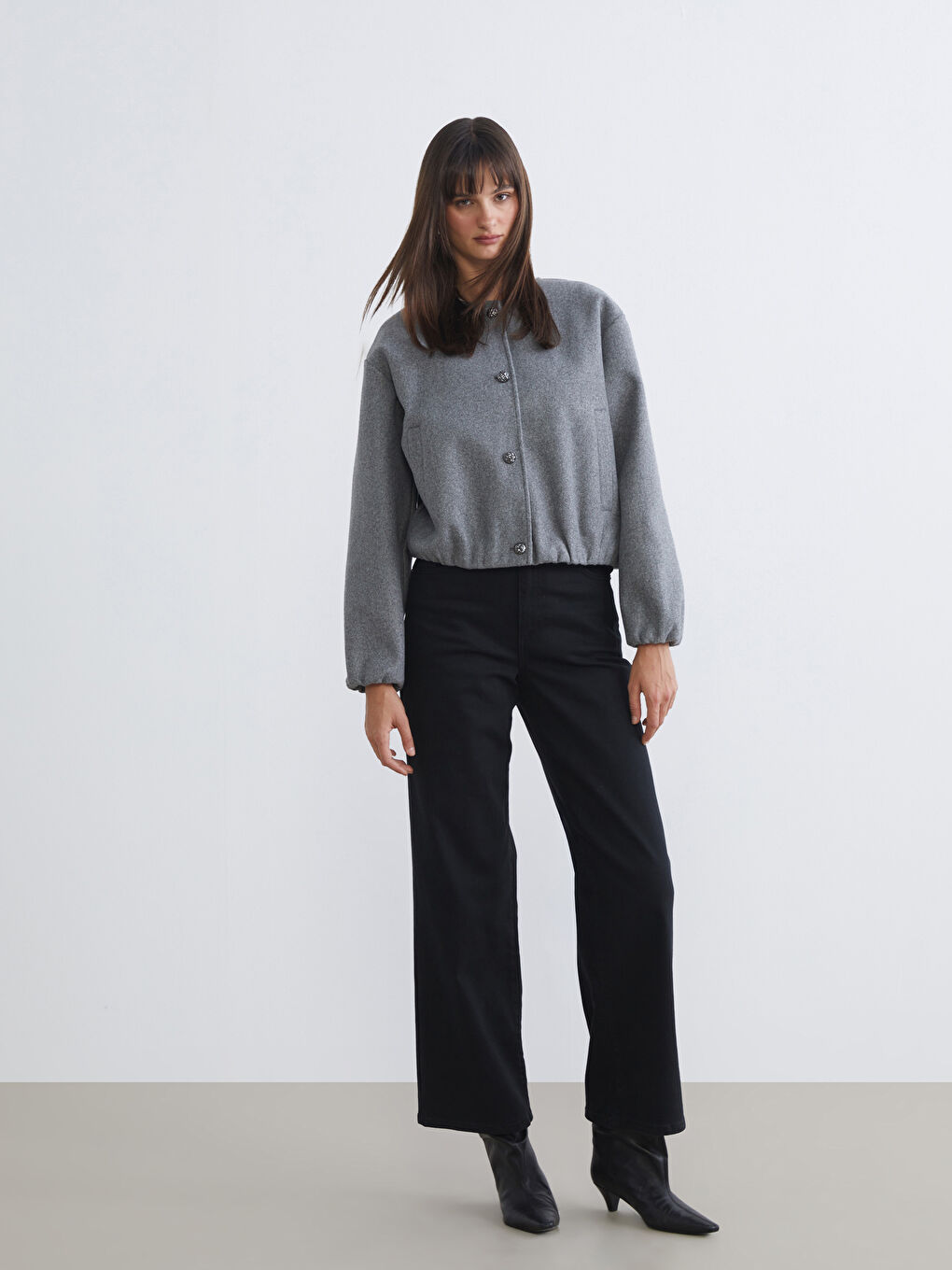 Gri Bisiklet Yaka Kadın Bomber Kaşe Ceket-3