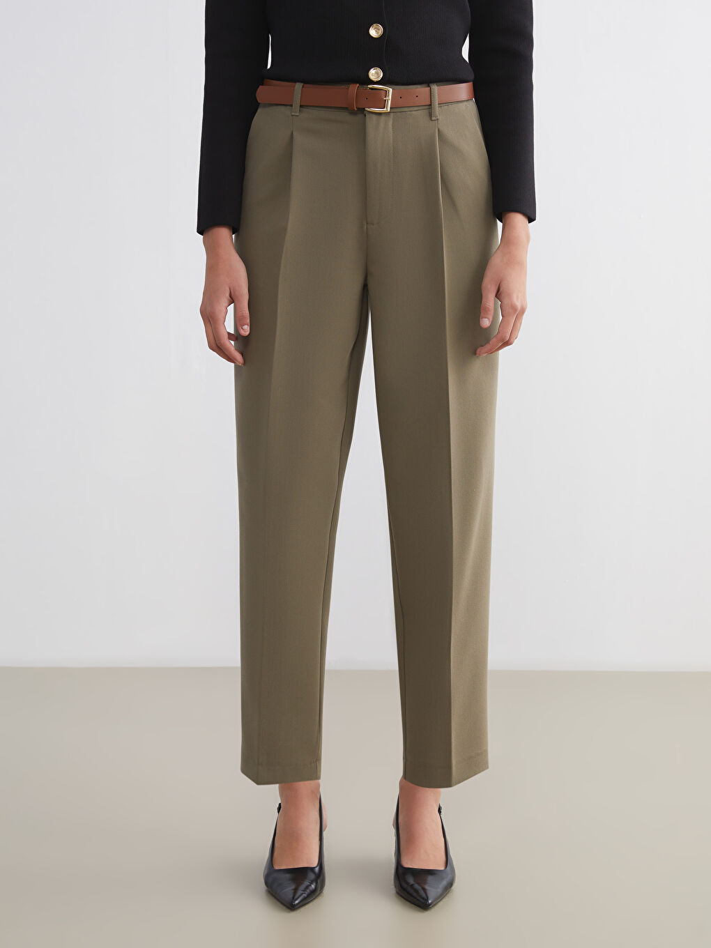 Әйелдерге арналған бүрмелі белдікпен жоғары бел сәбіз тәрізді пішім шалбар-4