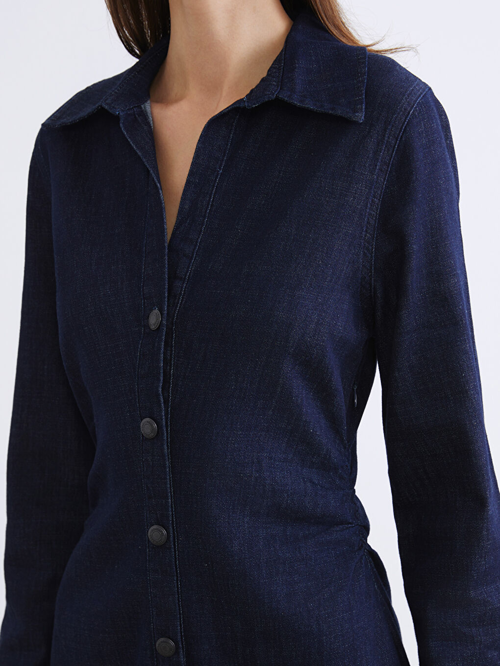 İndigo Gömlek Yaka Büzgülü Jean Elbise-2