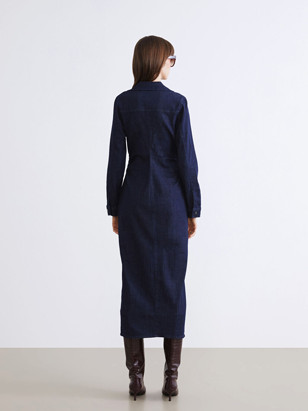 İndigo Gömlek Yaka Büzgülü Jean Elbise-3