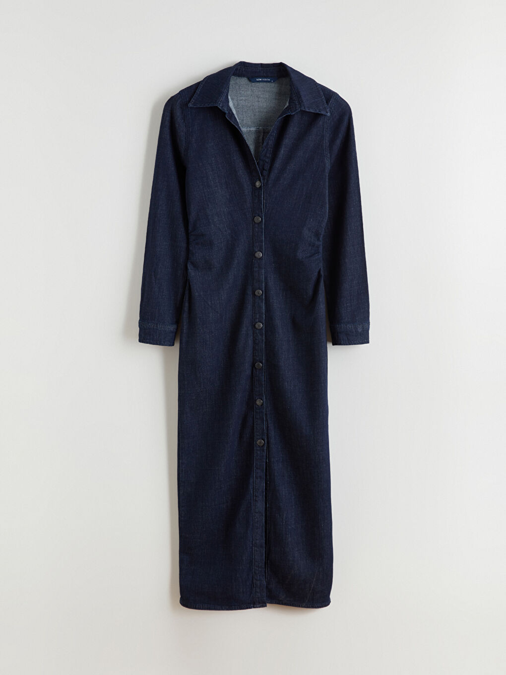 İndigo Gömlek Yaka Büzgülü Jean Elbise-4