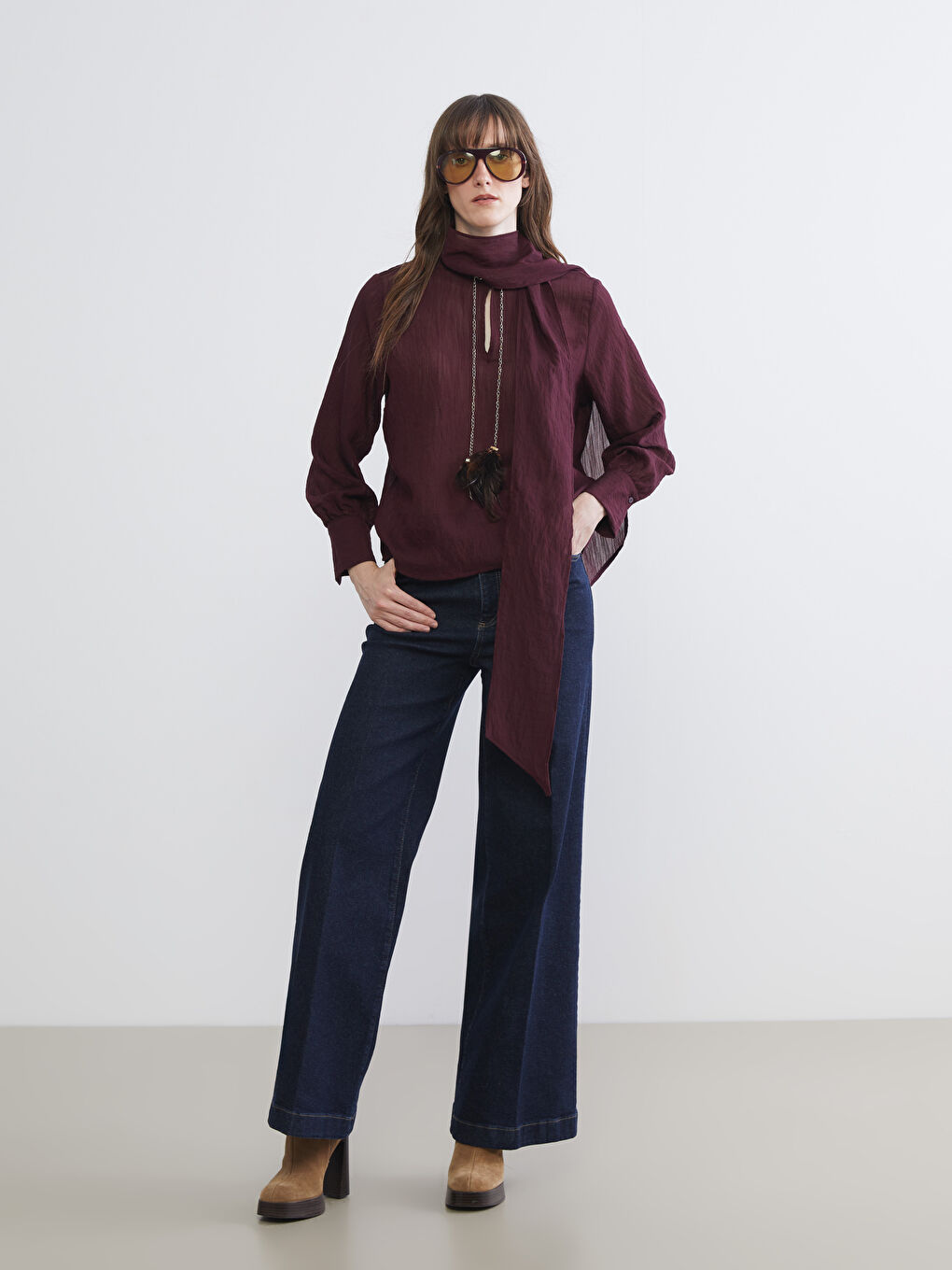 Mürdüm Bağlamalı Yaka Dokulu Şifon Bluz-4