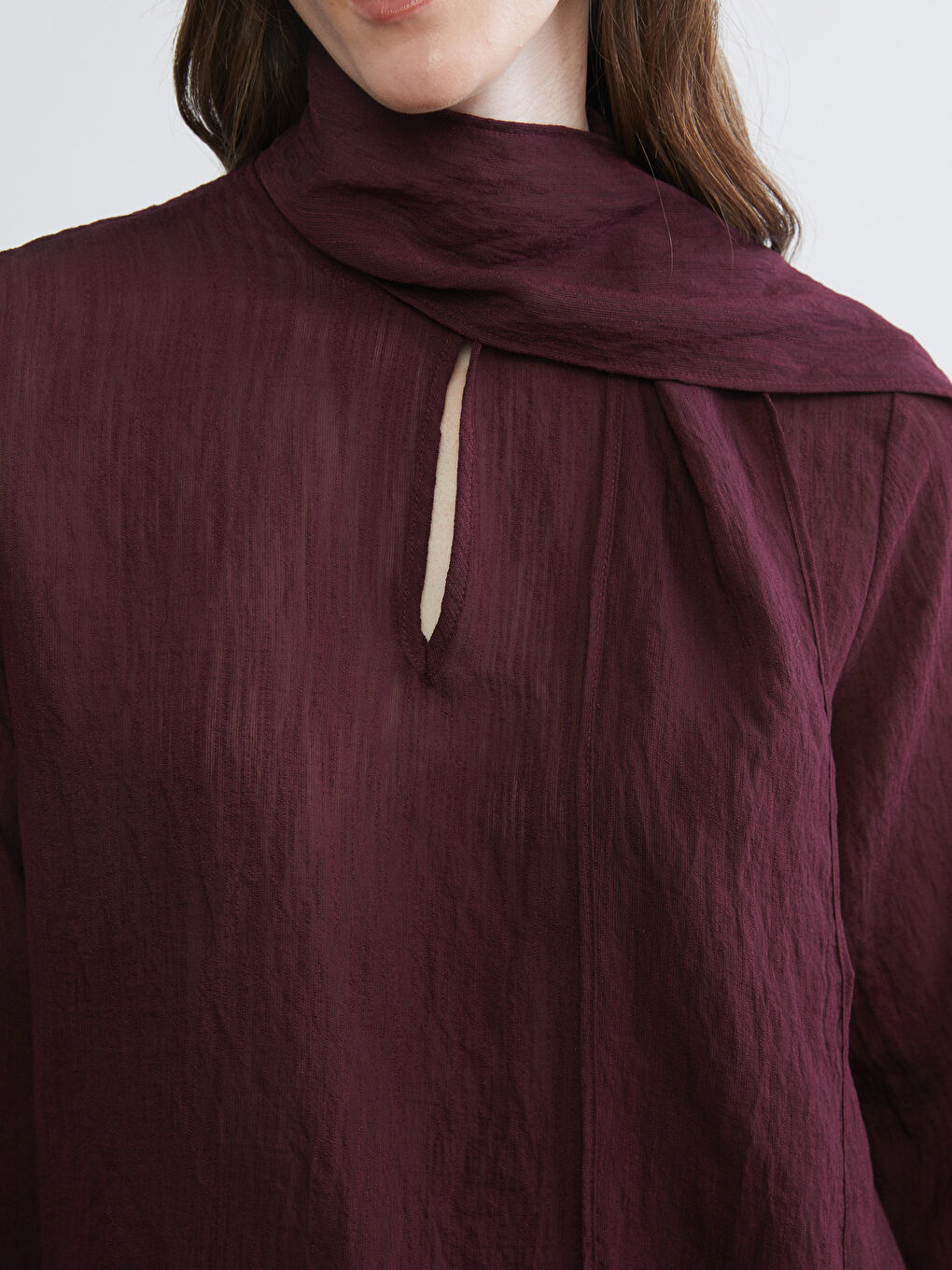 Mürdüm Bağlamalı Yaka Dokulu Şifon Bluz-6