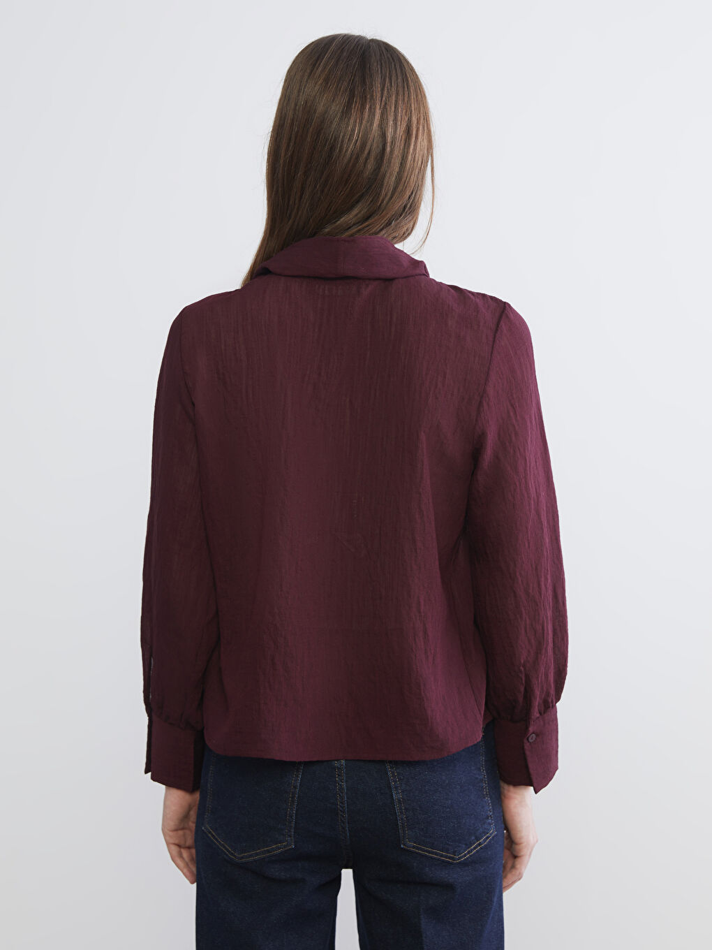 Mürdüm Bağlamalı Yaka Dokulu Şifon Bluz-8