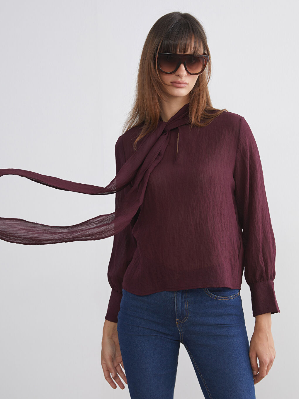 Mürdüm Bağlamalı Yaka Dokulu Şifon Bluz-1