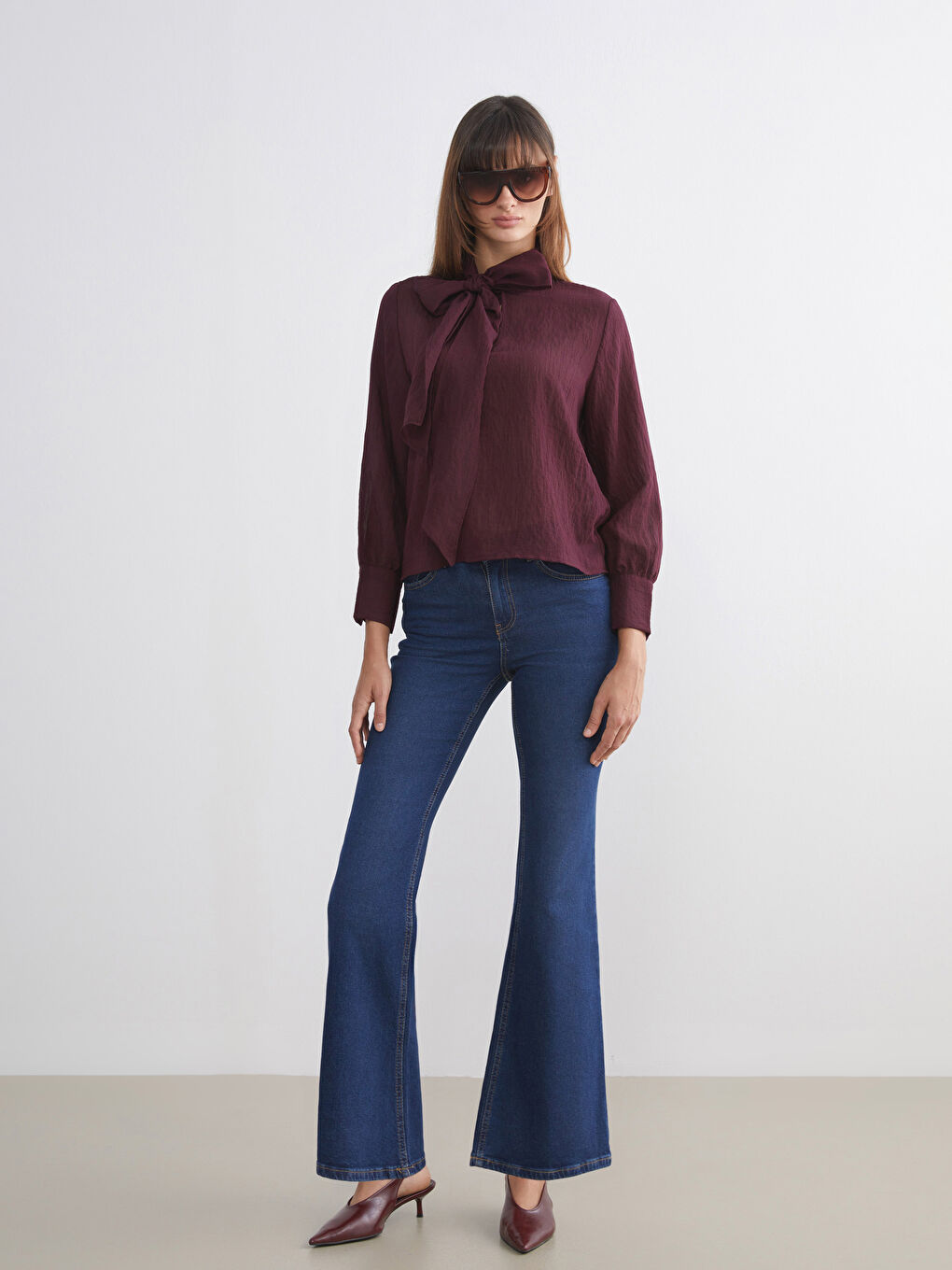 Mürdüm Bağlamalı Yaka Dokulu Şifon Bluz-3