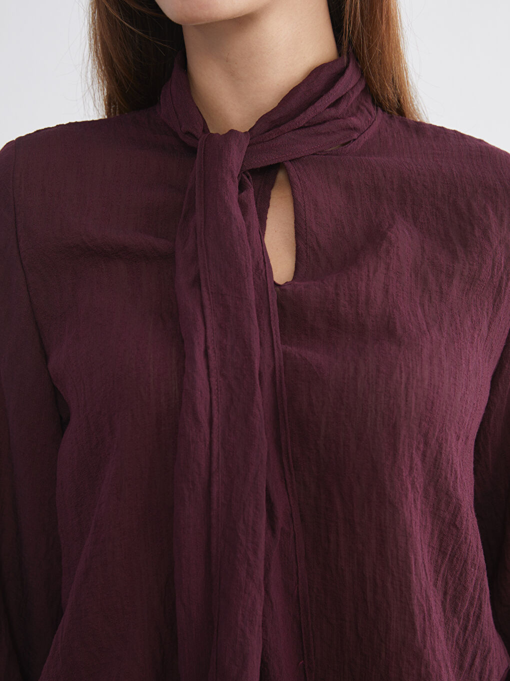 Mürdüm Bağlamalı Yaka Dokulu Şifon Bluz-5