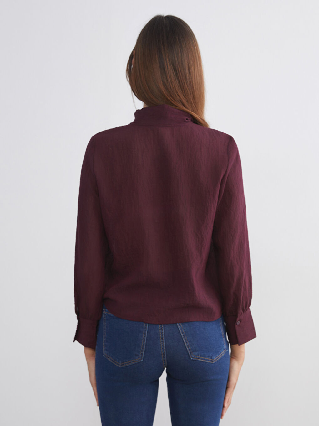 Mürdüm Bağlamalı Yaka Dokulu Şifon Bluz-7