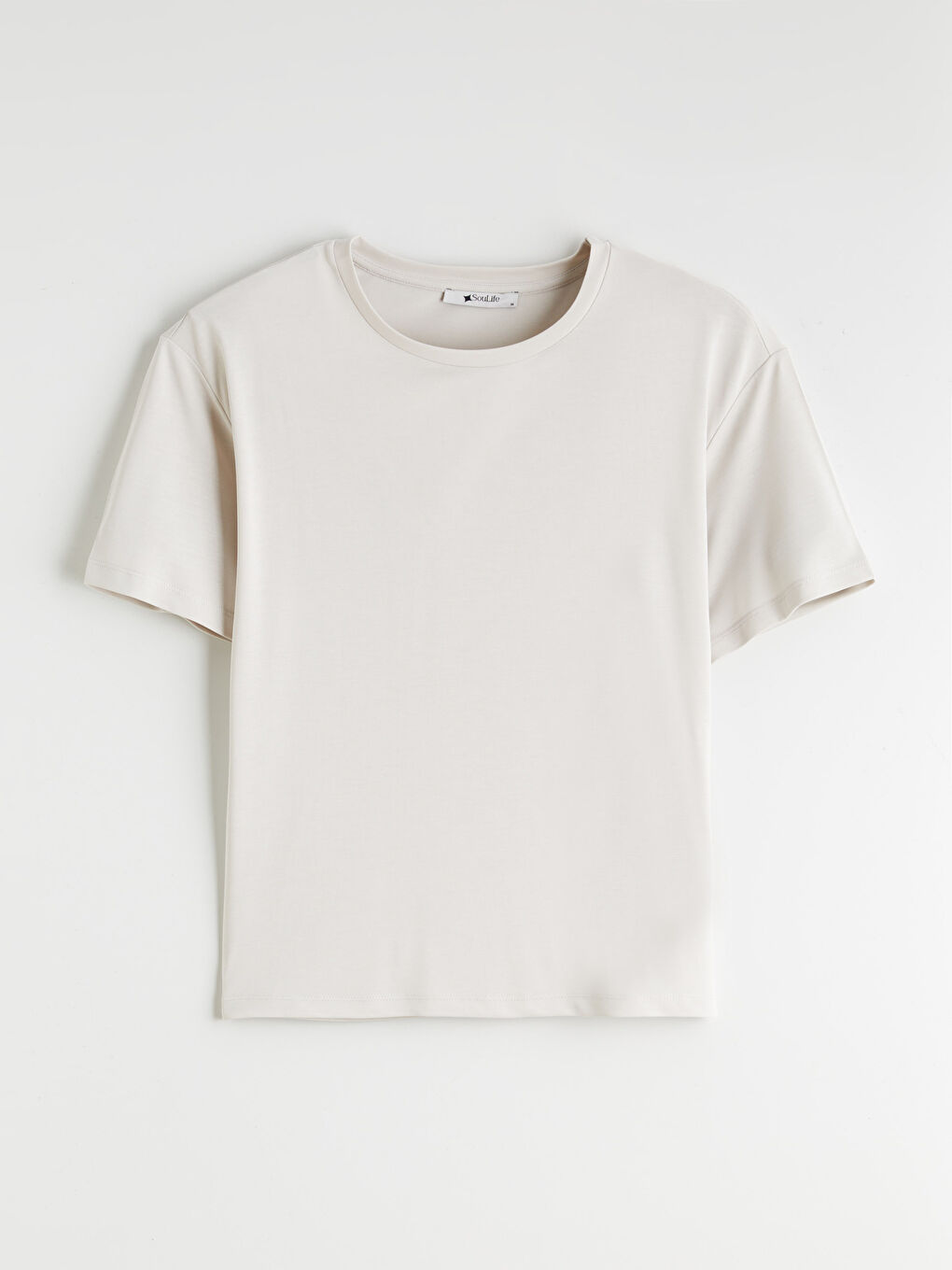 Ekru Bisiklet Yaka Modal Karışımlı Kadın Tişört-4