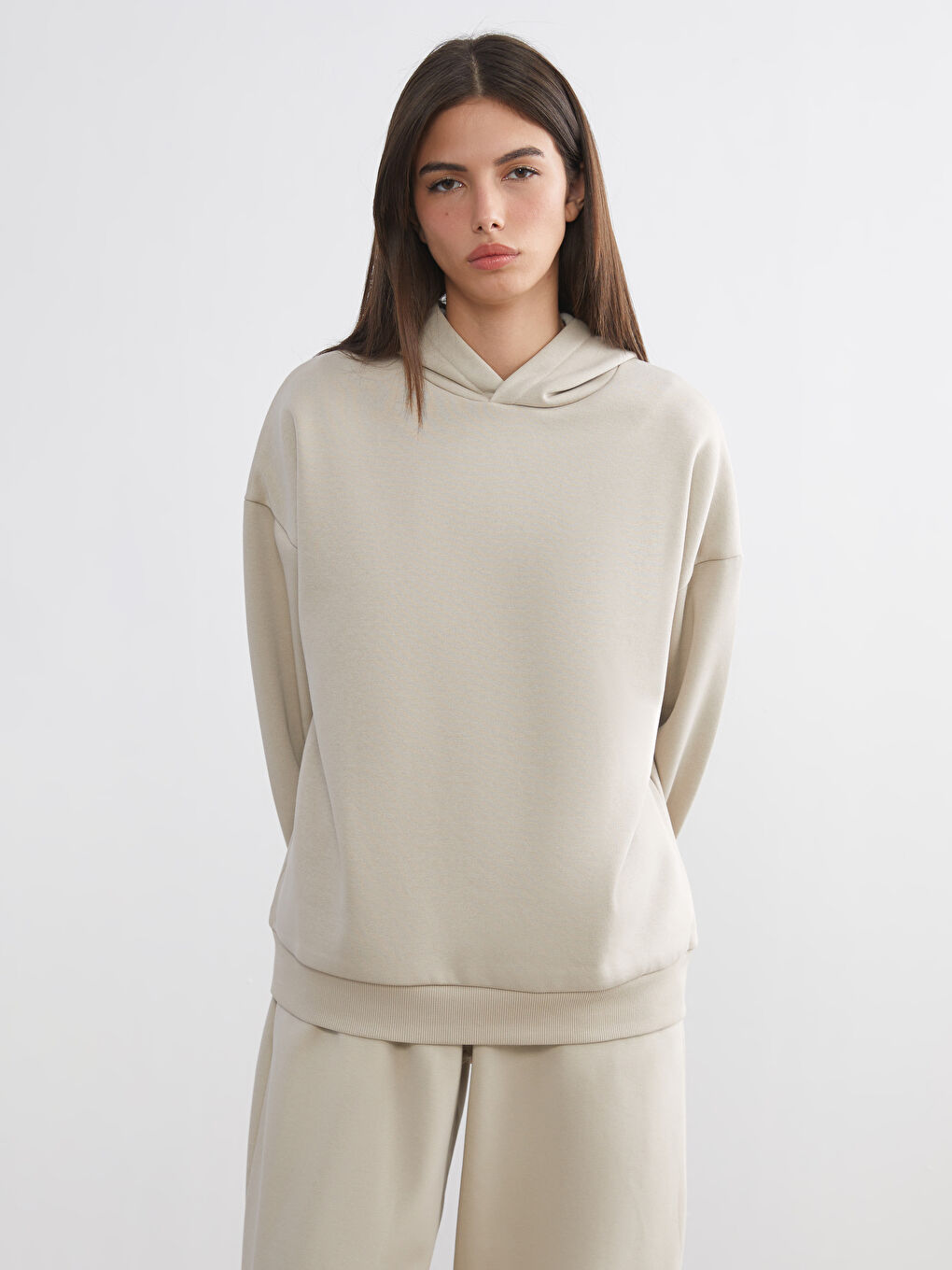 Bej Oversize Kadın Kalın Hoodie