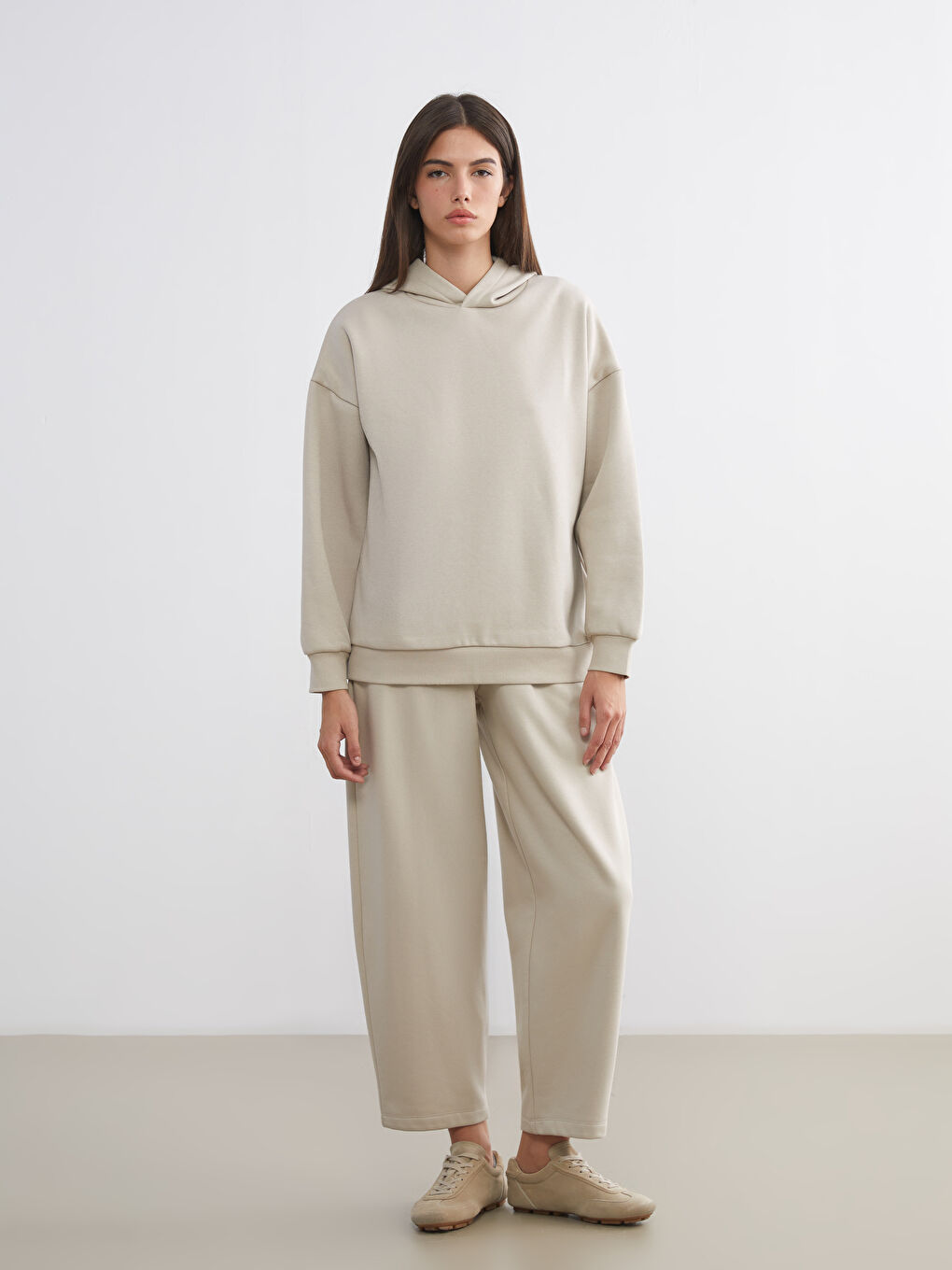 Bej Oversize Kadın Kalın Hoodie-1