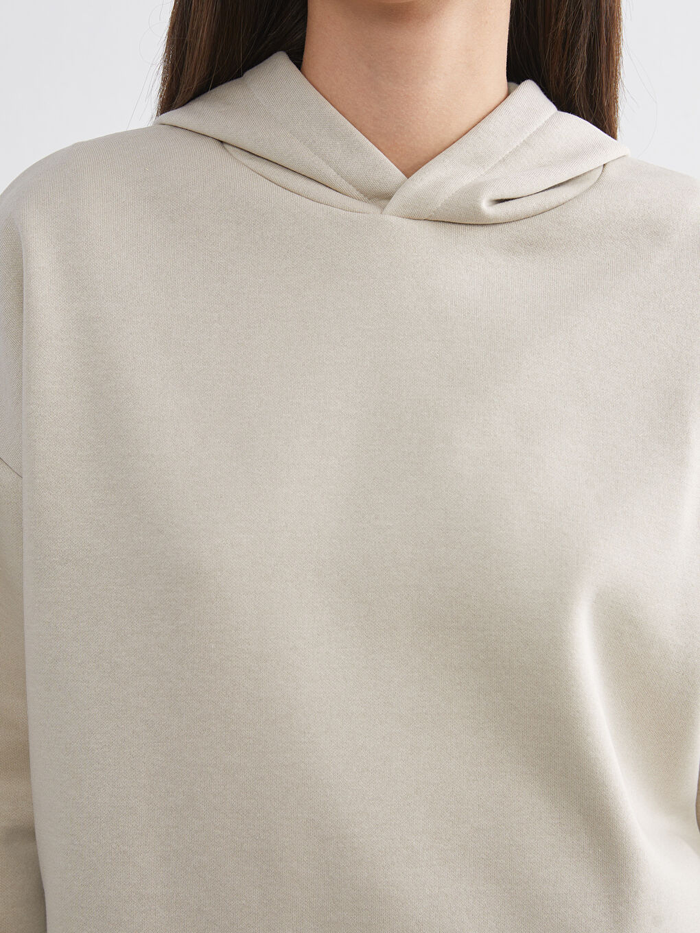 Bej Oversize Kadın Kalın Hoodie-2