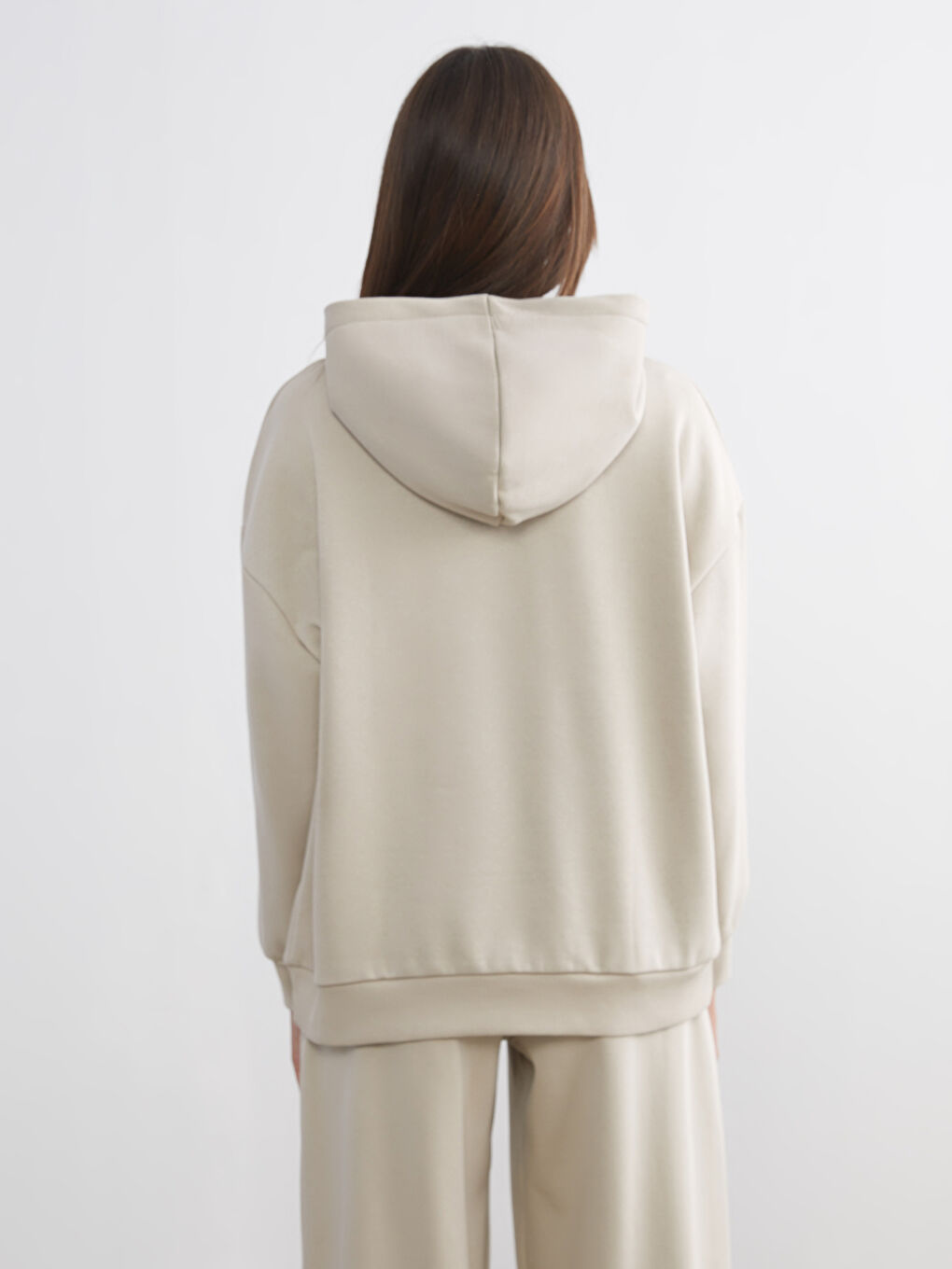 Bej Oversize Kadın Kalın Hoodie-3