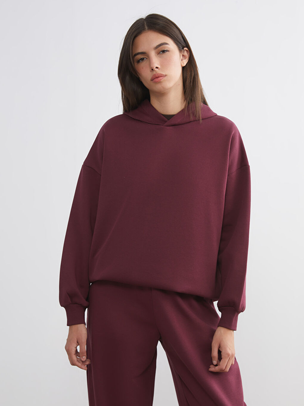 Bordo Oversize Kadın Kalın Hoodie