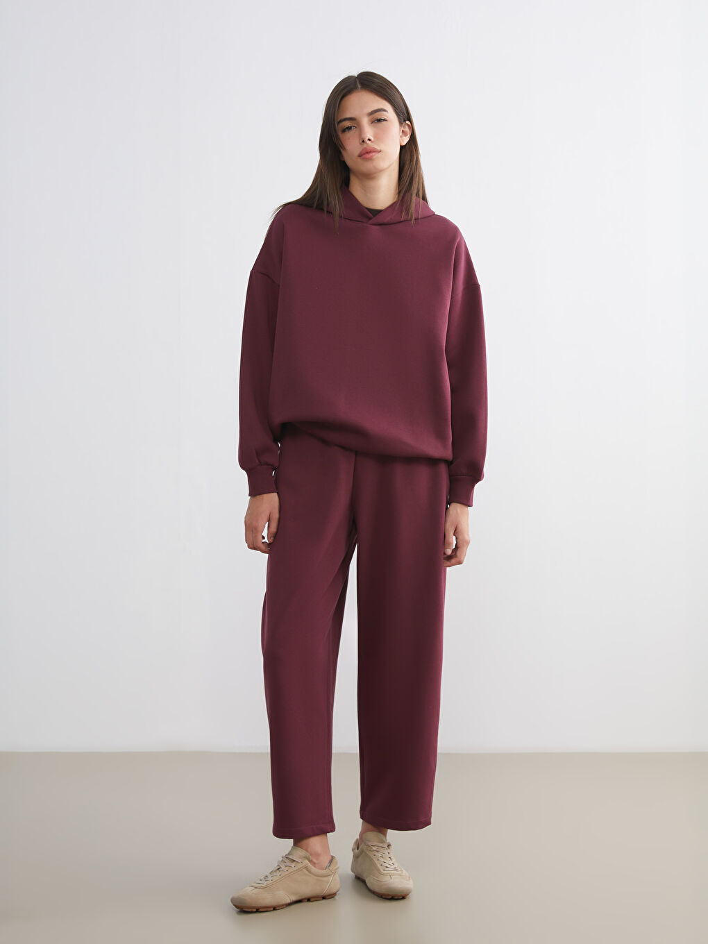 Bordo Oversize Kadın Kalın Hoodie-1