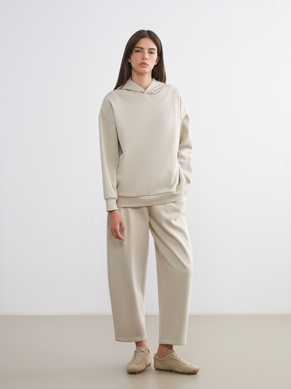 Bej Beli Lastikli Kadın Kalın Eşofman Altı