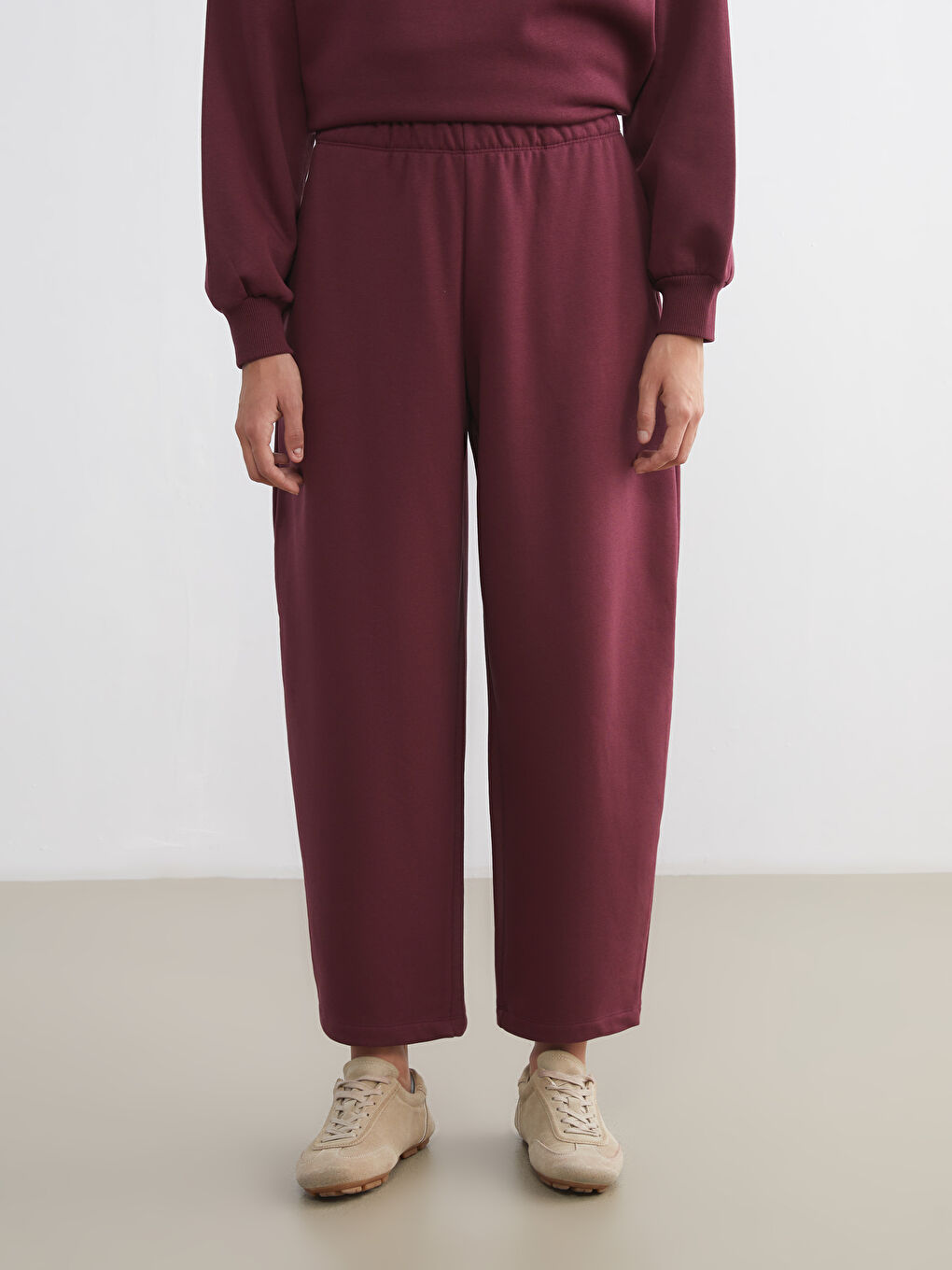 Bordo Beli Lastikli Kadın Kalın Eşofman Altı-1