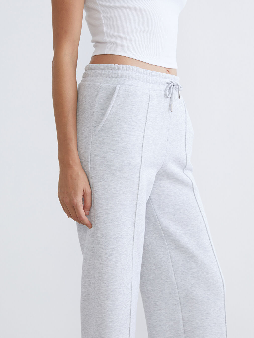 Gri Beli Lastikli Geniş Paça Kadın Kalın Eşofman Altı-2