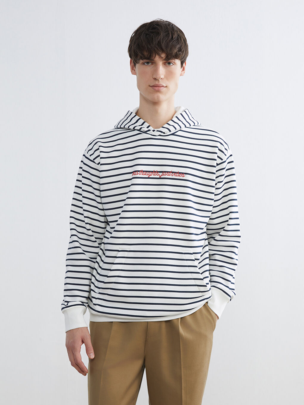 Lacivert Uzun Kollu Çizgili Erkek Hoodie