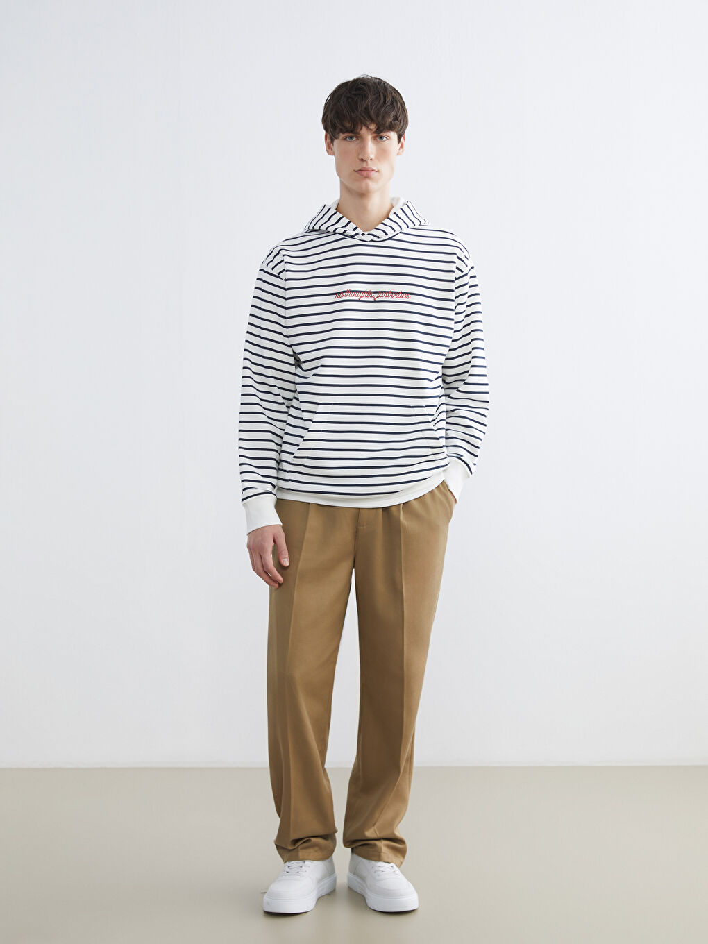 Lacivert Uzun Kollu Çizgili Erkek Hoodie-1