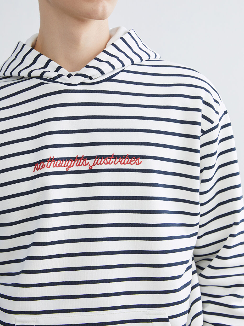 Lacivert Uzun Kollu Çizgili Erkek Hoodie-2