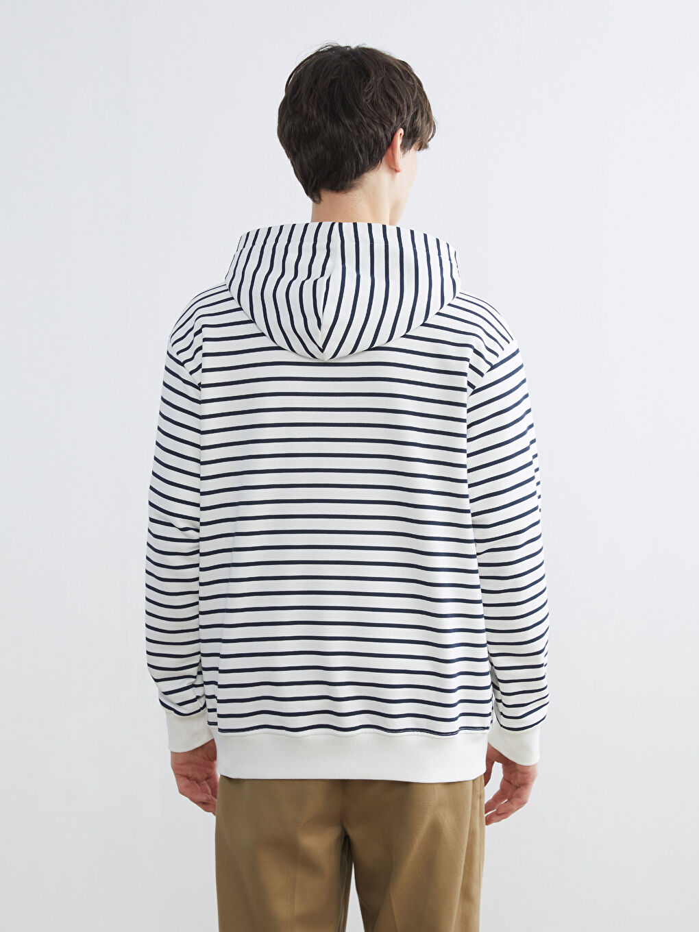 Lacivert Uzun Kollu Çizgili Erkek Hoodie-3