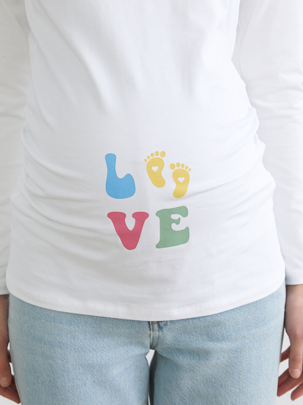 Beyaz Bisiklet Yaka Baskılı Kadın Tişört-2