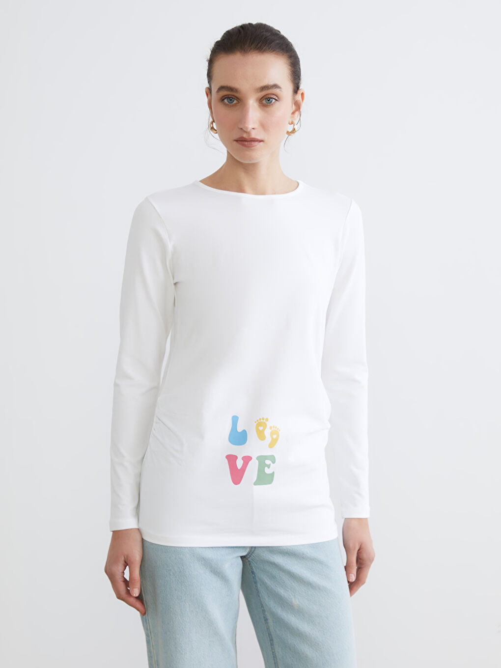 Beyaz Bisiklet Yaka Baskılı Kadın Tişört-3