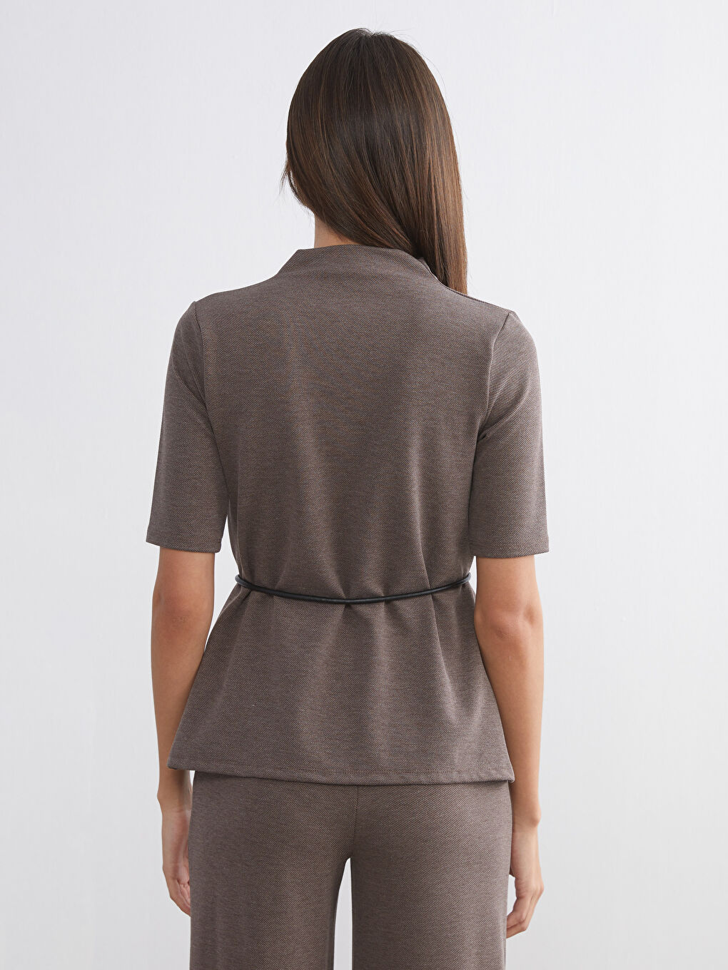 Kahverengi Dik Yaka Beli Kemerli Bluz-3