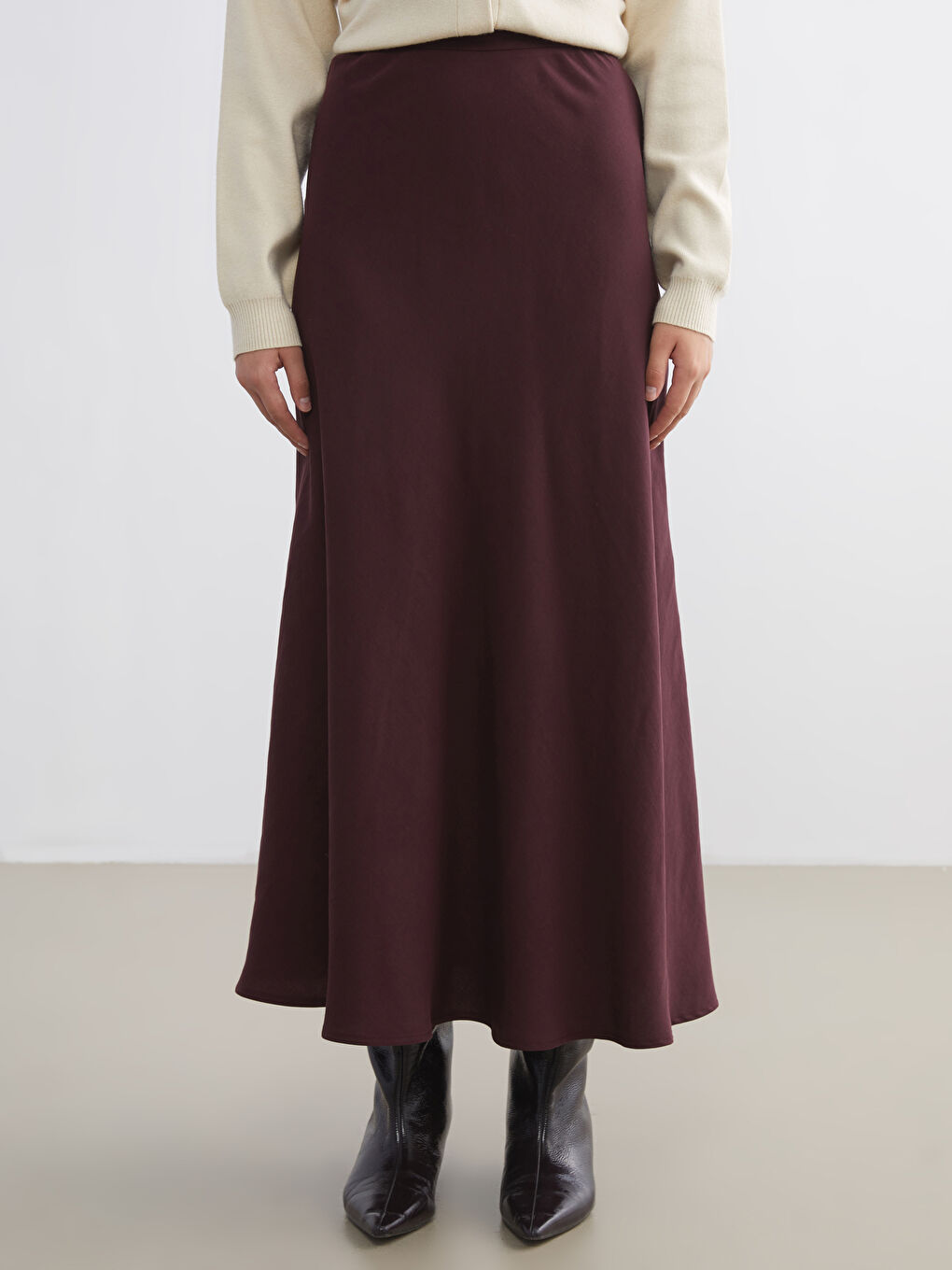 Bordo Beli Fermuarlı Kloş Etek-1