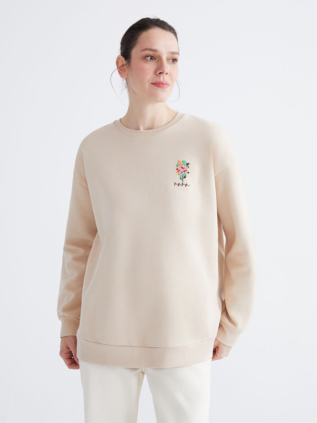 Bej Baskılı Oversize Kadın Kalın Sweatshirt